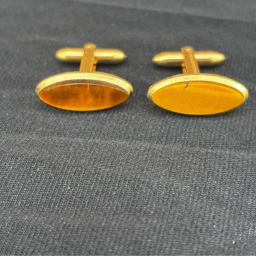 Vintage 1/20 14K Gold Filled Long Oval Tiger Eye Cufflinks Retro Eclectic